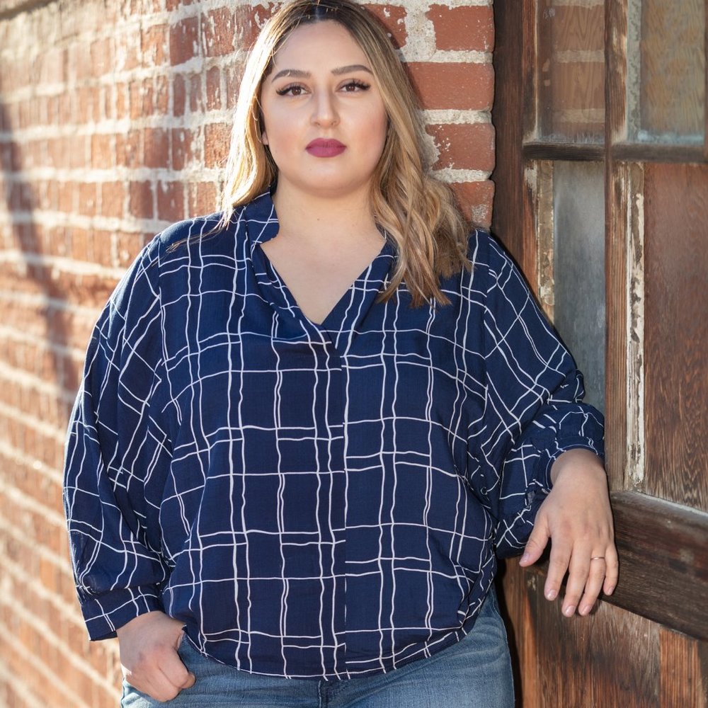 Navy Plaid Blouse with Button Details